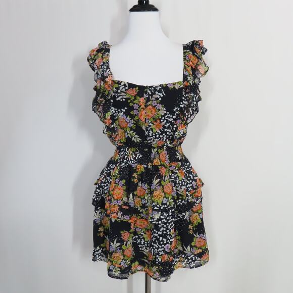Yumi Kim Midnight Magic Black Floral Tiered Mini Eden Dress Flutter Sleeves XS - Picture 1 of 9